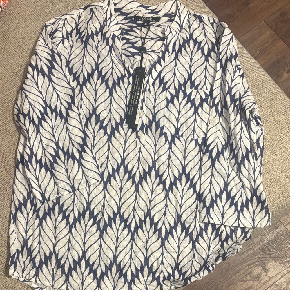 Charlie B Navy and White Leaf Print Blouse